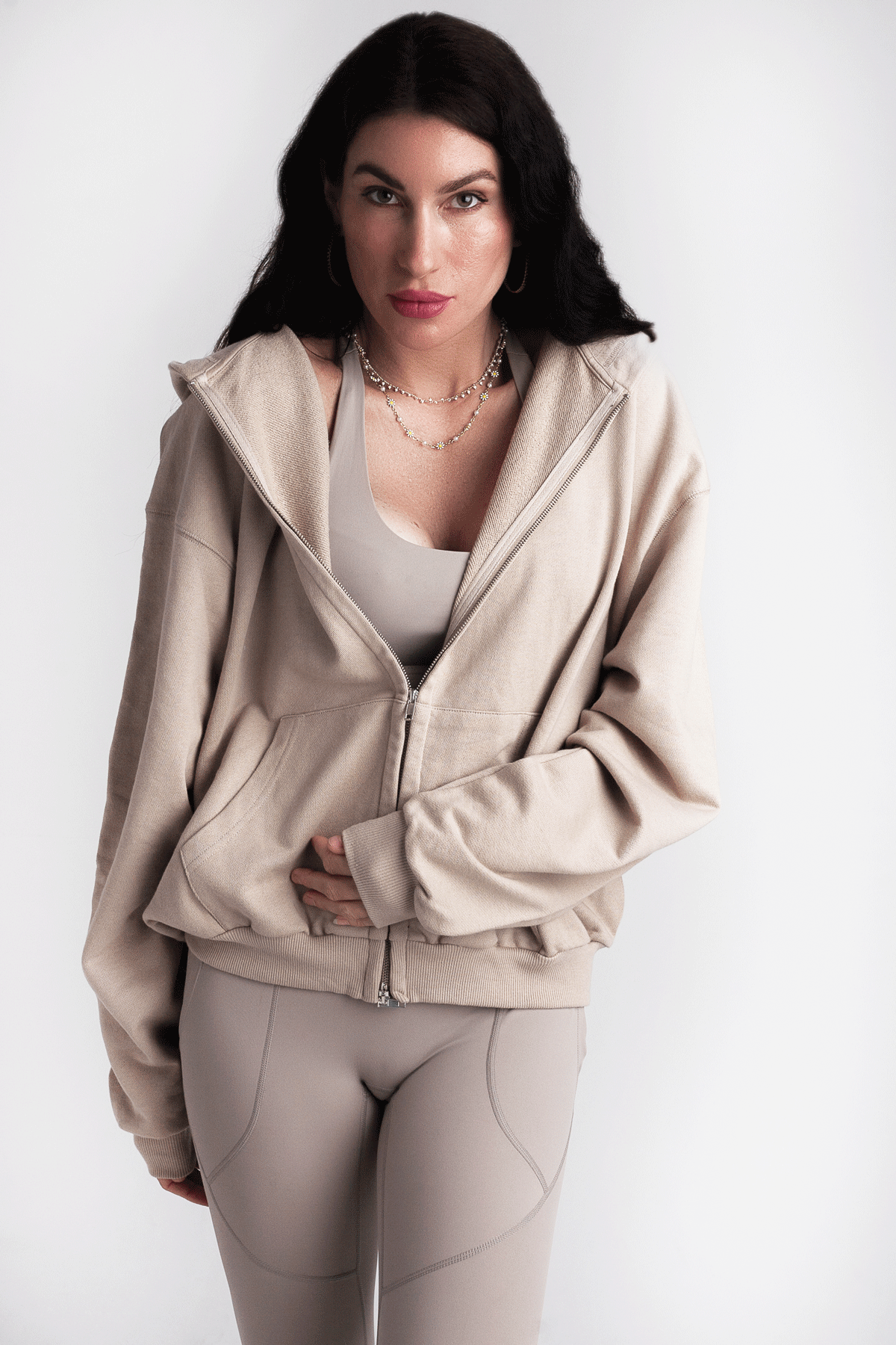 Soft Recycled Sports Bra - Taupe under hoodie
