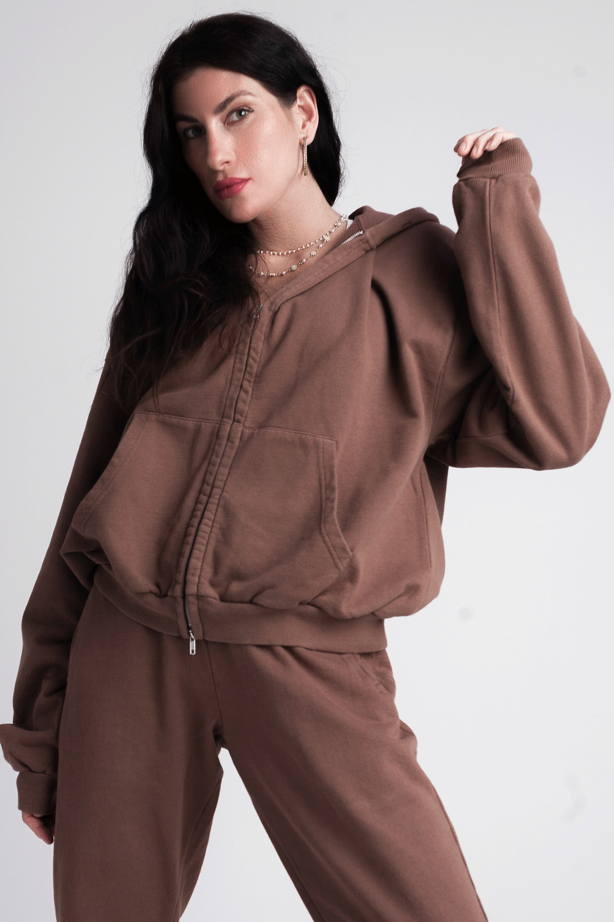 Organic Hoody - Chocolate on model with matching joggers