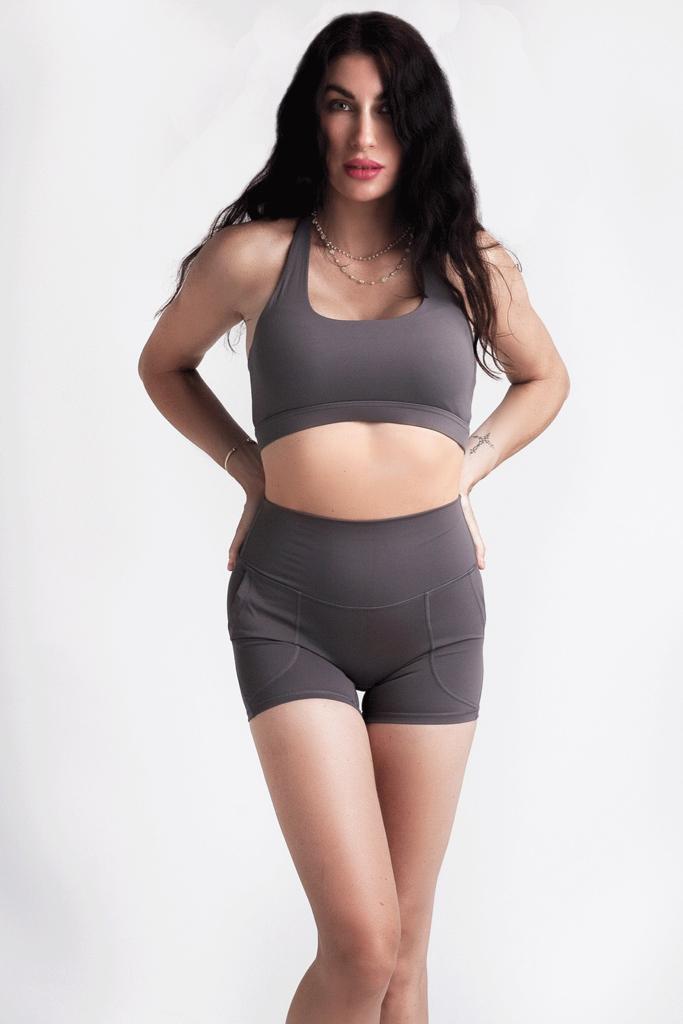 Soft Recycled Sports Bra - Slate Grey on model with shorts