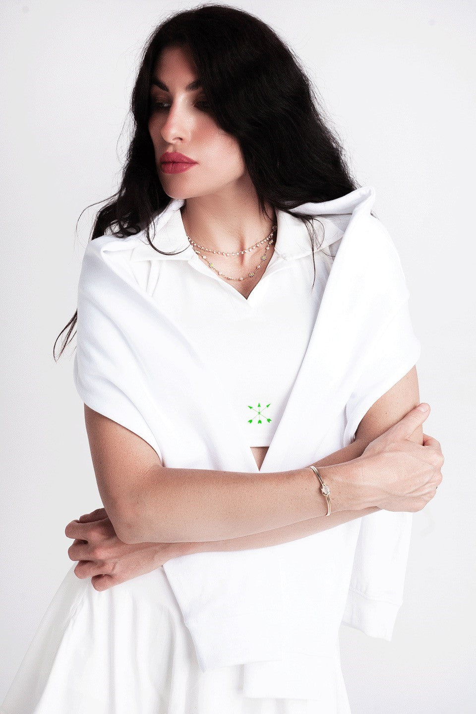 Recycled Cotton Sweater - White on model with arms crossed