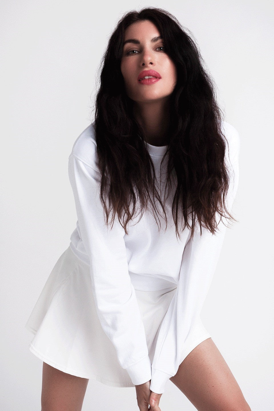 Recycled Cotton Sweater - White on model with tennis skort